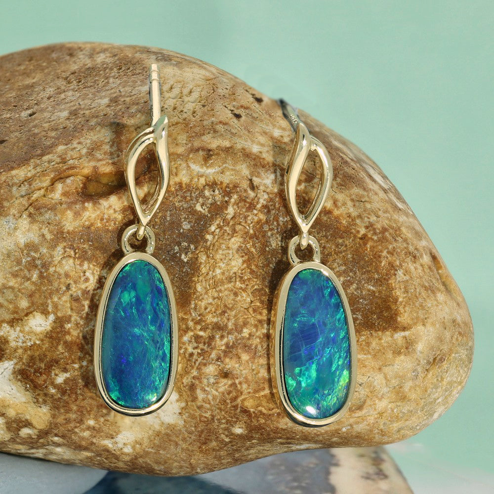 9ct Yellow Gold Freeform Opal Doublet Drop Earrings