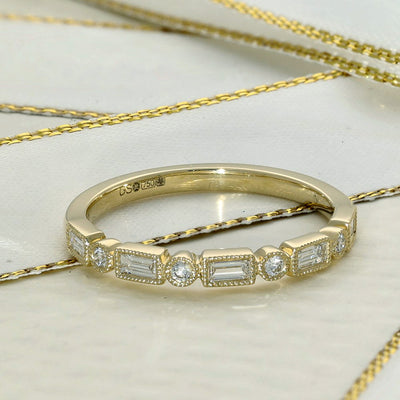18ct Yellow Gold 0.25ct Milgrain Mix Cut Diamond Half Eternity Ring