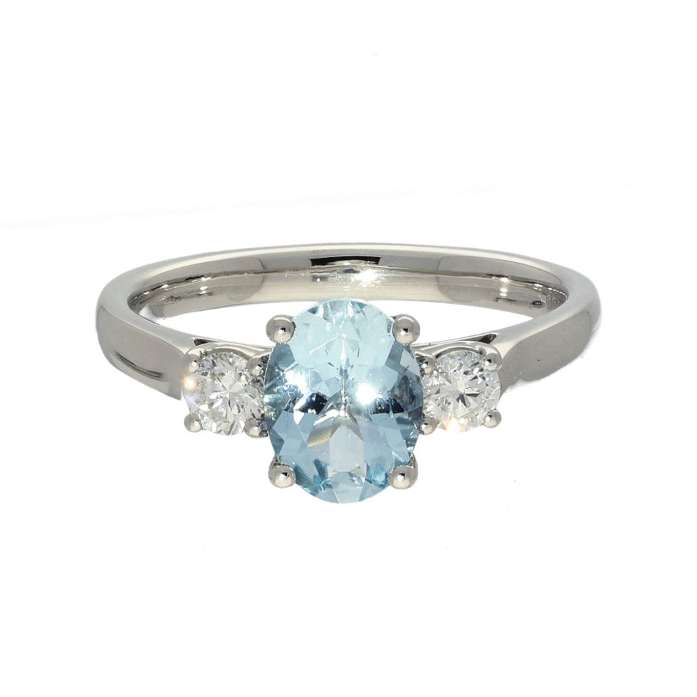 Platinum Oval Cut Aquamarine and Diamond Trilogy Ring