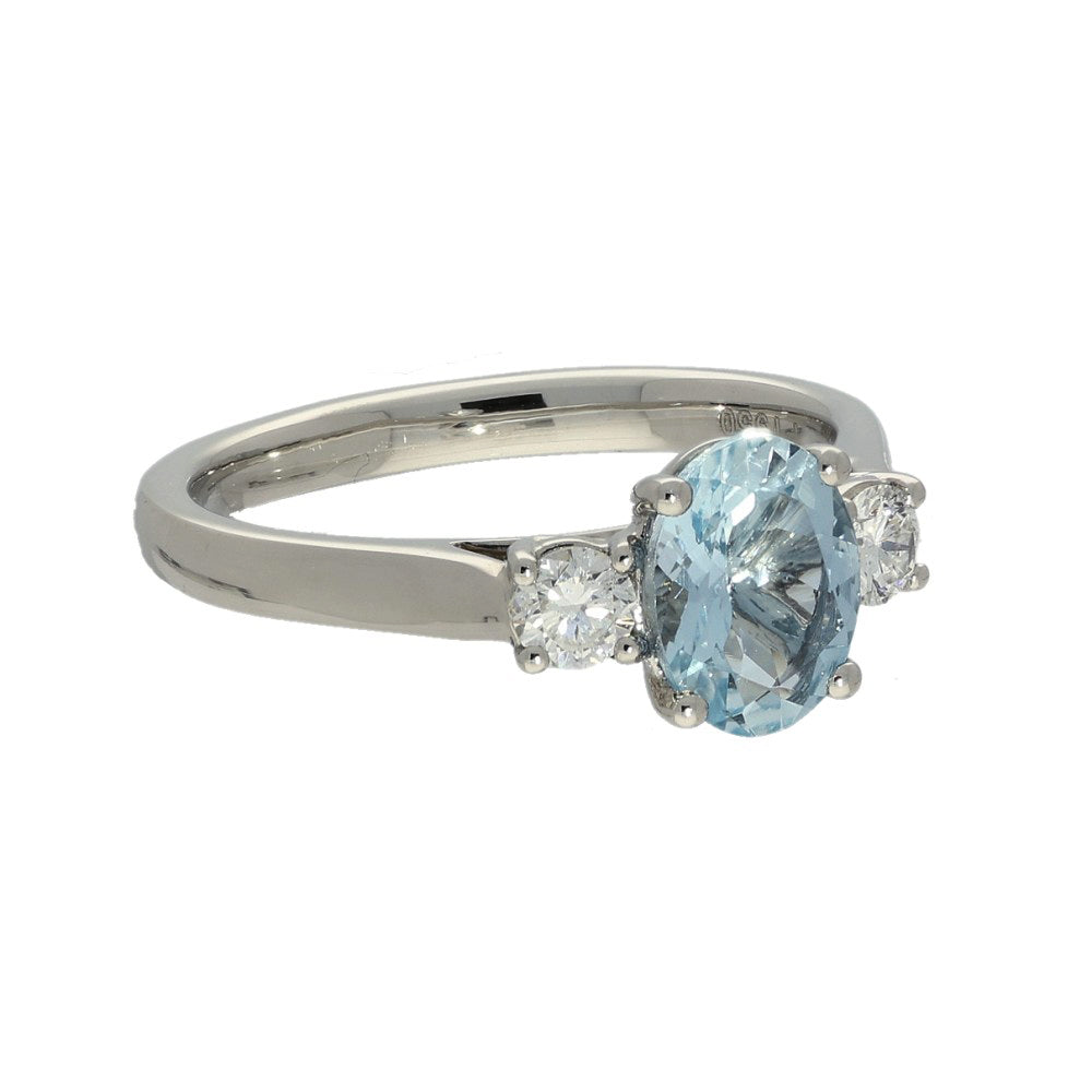 Platinum Oval Cut Aquamarine and Diamond Trilogy Ring