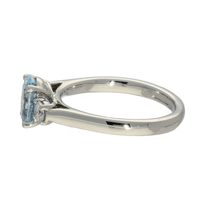 Platinum Oval Cut Aquamarine and Diamond Trilogy Ring