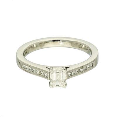 Pre-loved Platinum Certificated 0.51ct Emerald Cut Solitaire Ring with Princess Diamond Shoulders