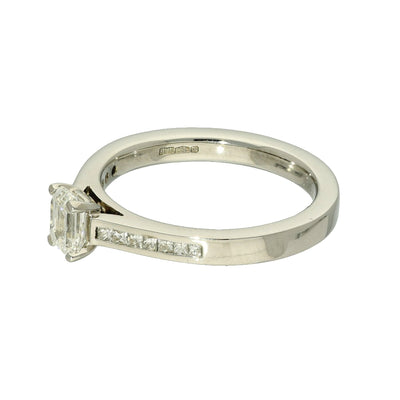 Pre-loved Platinum Certificated 0.51ct Emerald Cut Solitaire Ring with Princess Diamond Shoulders