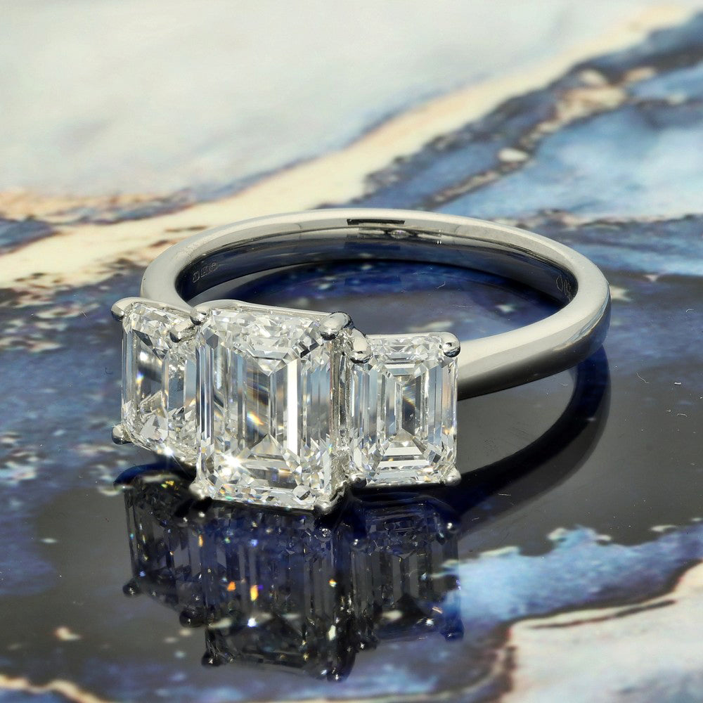 Platinum Laboratory-Grown Diamond 3.69ct Emerald Cut Trilogy Ring