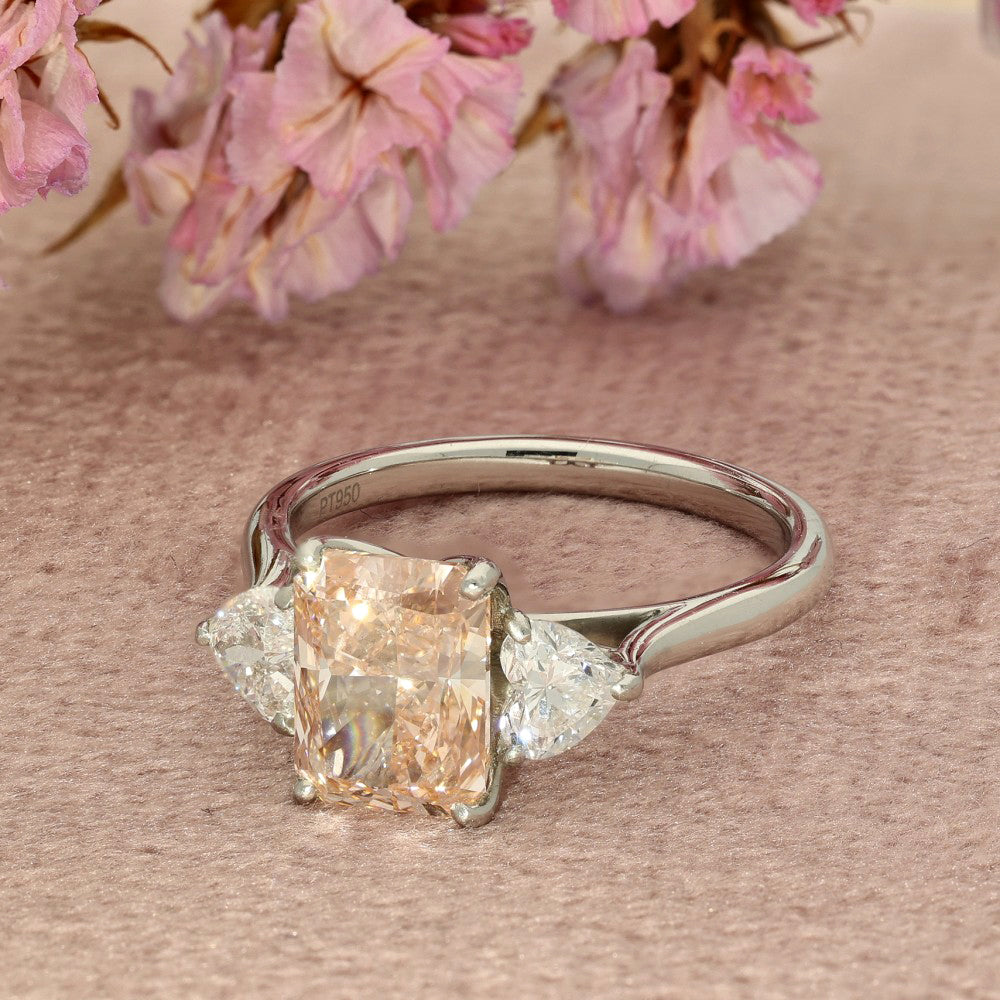 Platinum Laboratory-Grown Diamond Pink Radiant with Heart Cuts Trilogy Ring