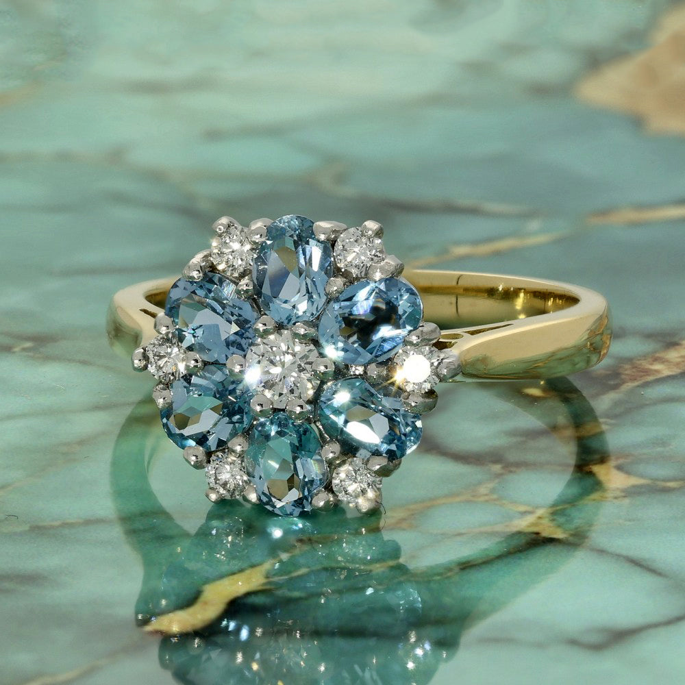 18ct Yellow Gold Aquamarine & Diamond Cluster Ring