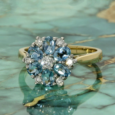 18ct Yellow Gold Aquamarine & Diamond Cluster Ring