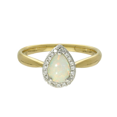 18ct Yellow Gold Opal and Diamond Teardrop Halo Ring
