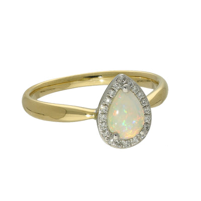 18ct Yellow Gold Opal and Diamond Teardrop Halo Ring