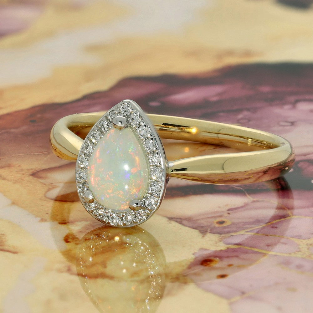 18ct Yellow Gold Opal and Diamond Teardrop Halo Ring