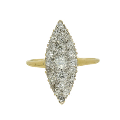 Antique 18ct Yellow Gold 1ct Pave Set Old Cut Diamond Navette Ring