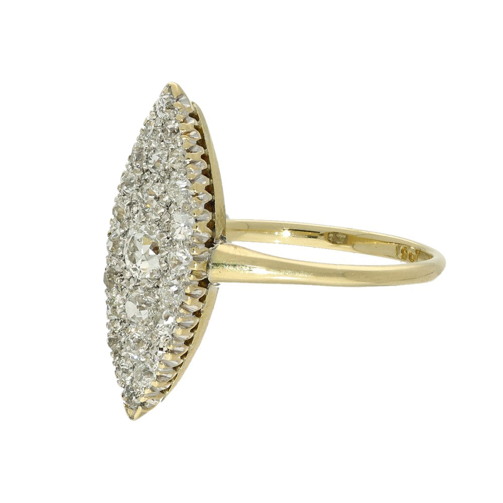 Antique 18ct Yellow Gold 1ct Pave Set Old Cut Diamond Navette Ring