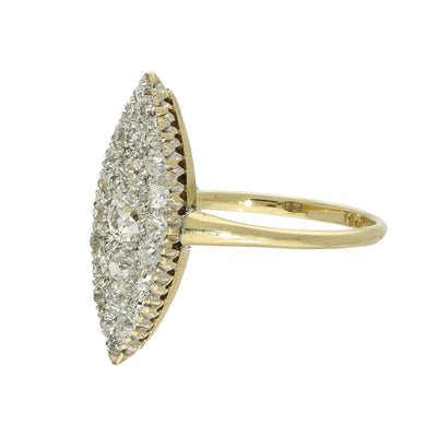 Antique 18ct Yellow Gold 1ct Pave Set Old Cut Diamond Navette Ring