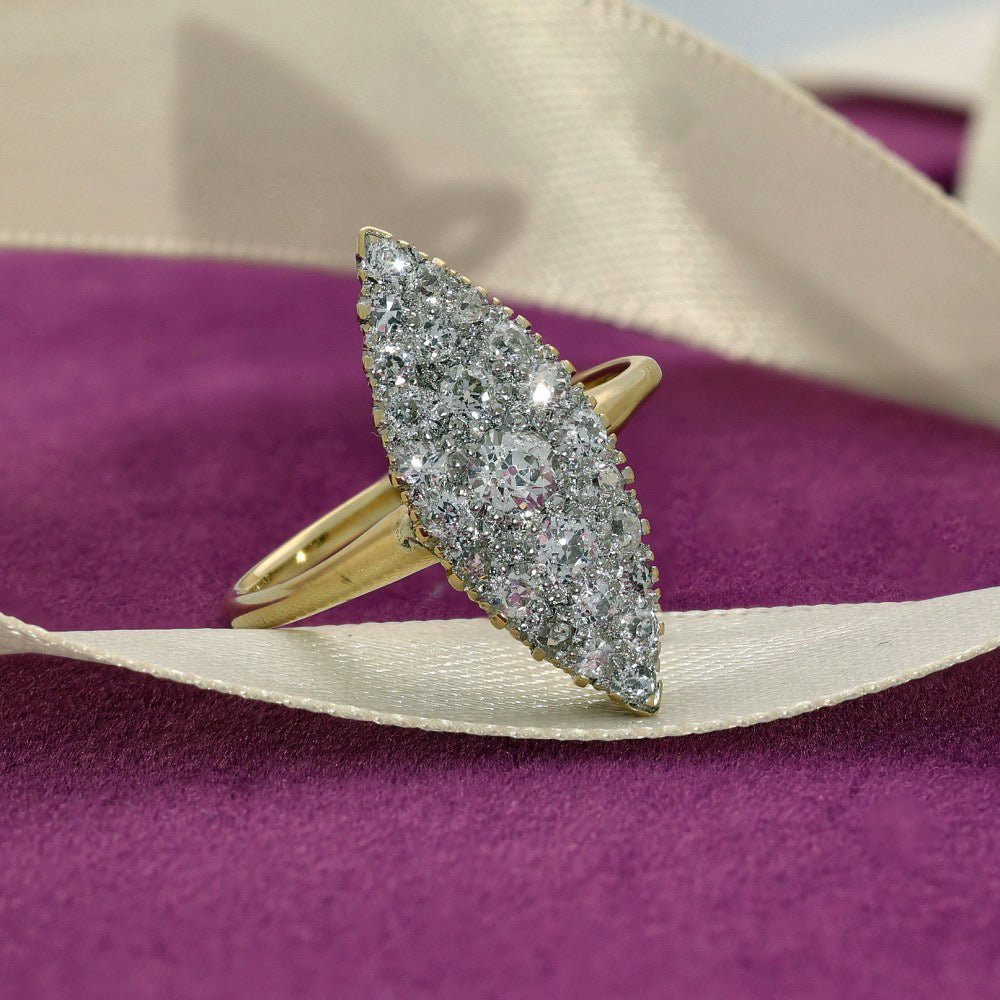 Antique 18ct Yellow Gold 1ct Pave Set Old Cut Diamond Navette Ring