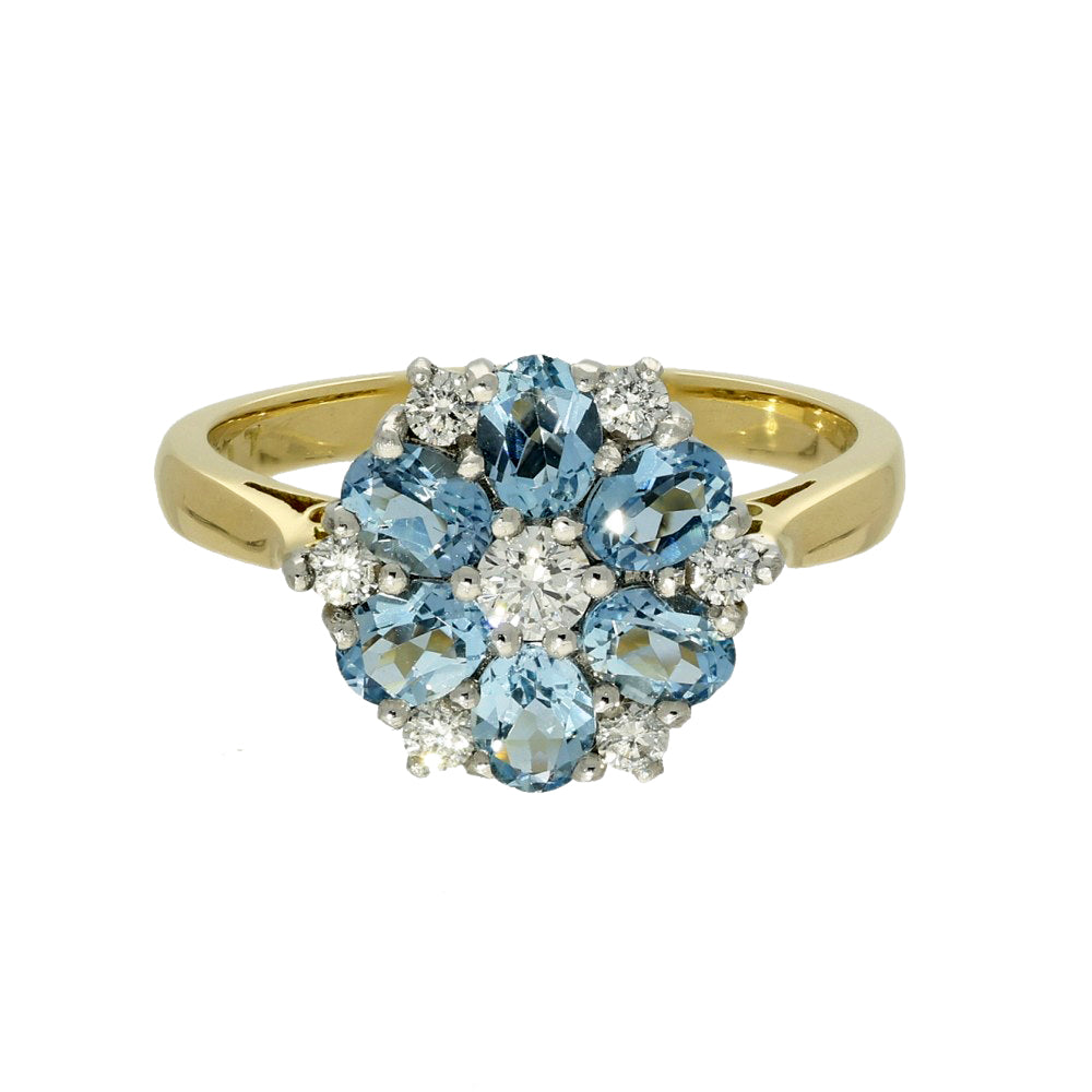 18ct Yellow Gold Aquamarine & Diamond Cluster Ring