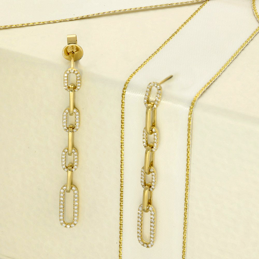 9ct Yellow Gold Pave Diamond Paperclip Drop Earrings