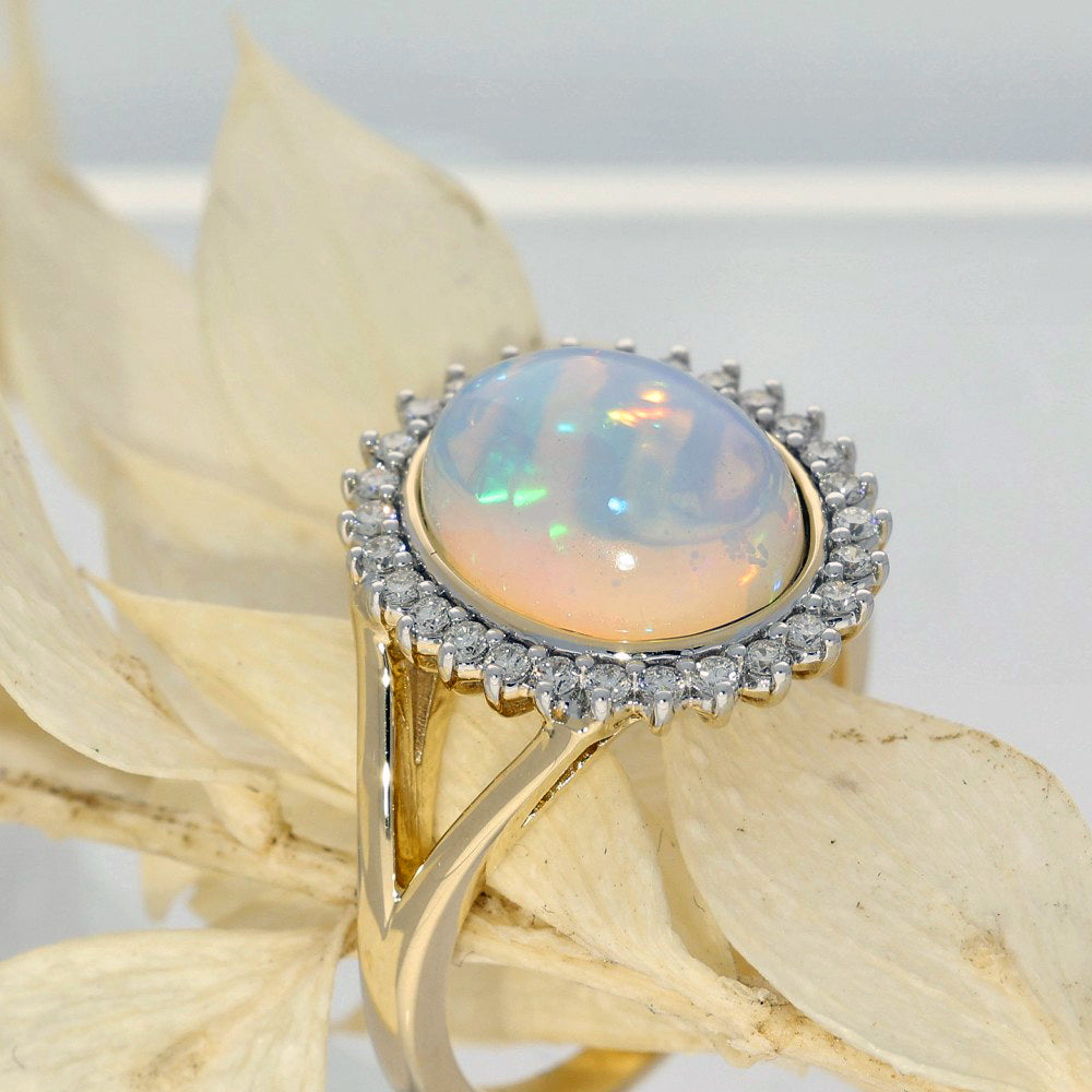 9ct Yellow Gold Opal & Diamond Large Halo Ring