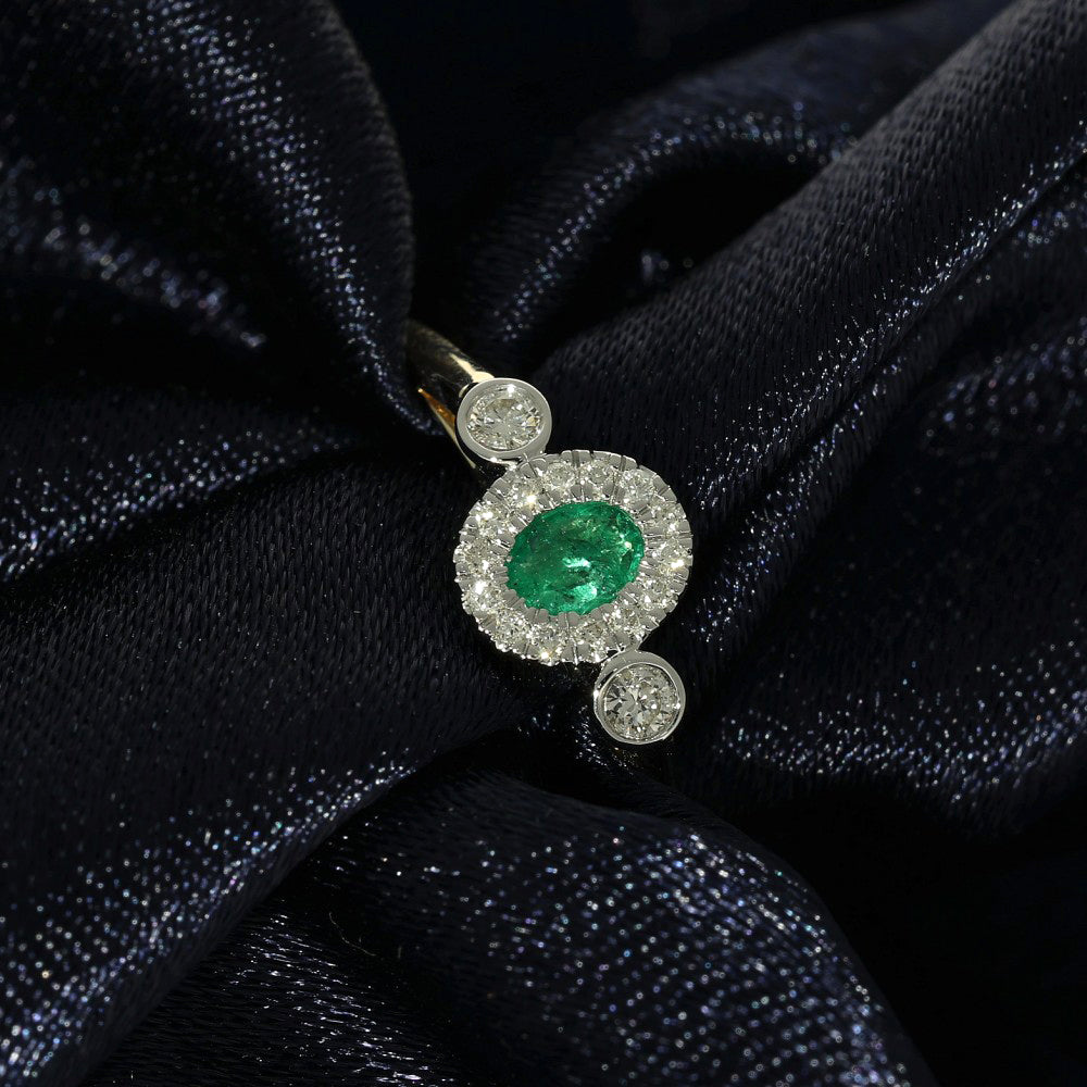 9ct Yellow Gold Emerald & Diamond Halo Trilogy Ring