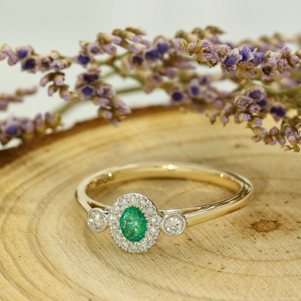 9ct Yellow Gold Emerald & Diamond Halo Trilogy Ring