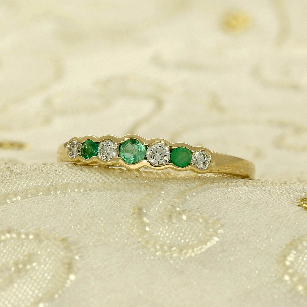 9ct Yellow Gold Emerald & Diamond 7-Stone Half Eternity Ring