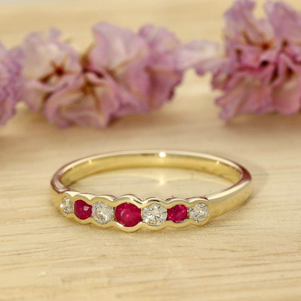 9ct Yellow Gold Ruby & Diamond 7-Stone Half Eternity Ring