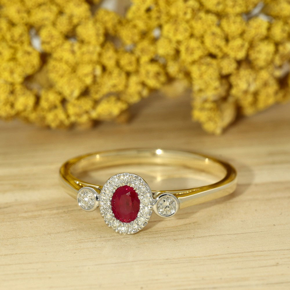 9ct Yellow Gold Ruby & Diamond Halo Trilogy Ring