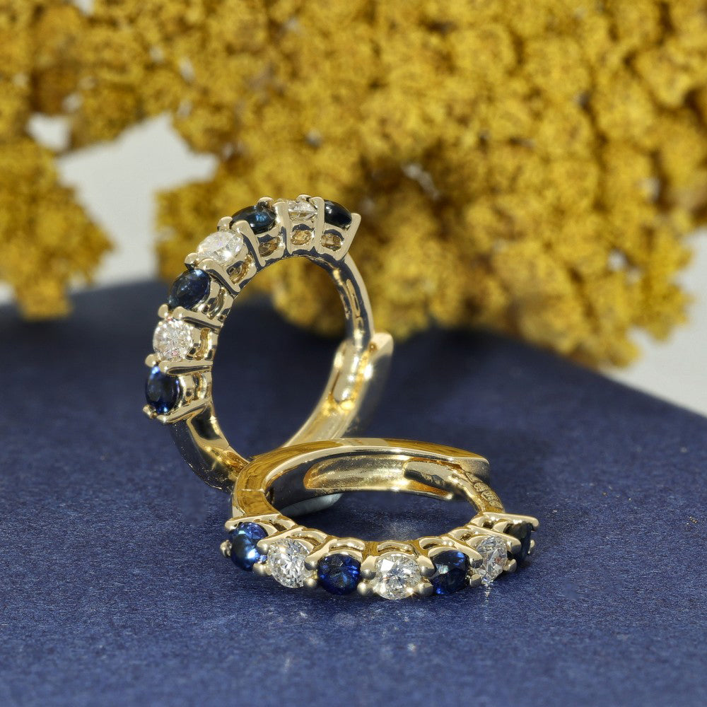 9ct Yellow Gold Sapphire & Diamond Small Hoop Earrings