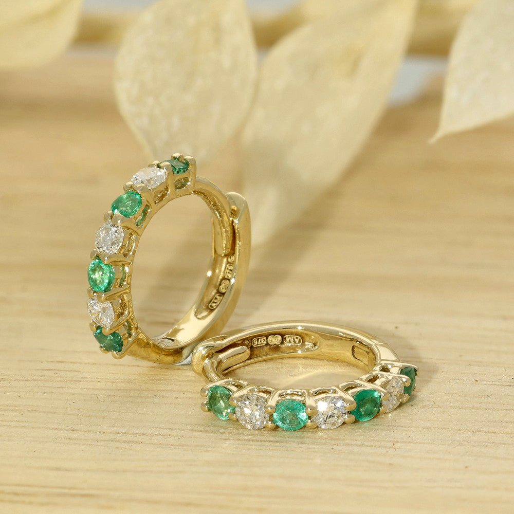 9ct Yellow Gold Emerald & Diamond Small Hoop Earrings