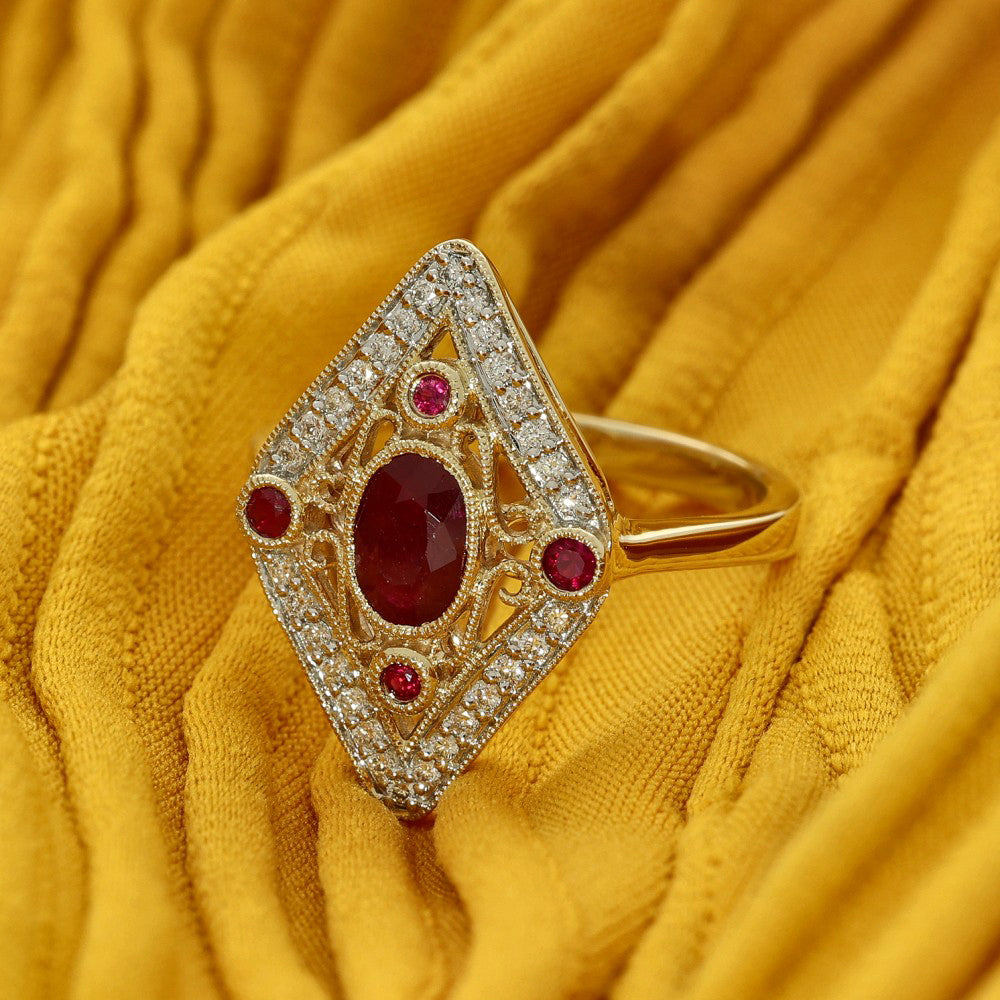 9ct Yellow Gold Ruby & Diamond Art Deco Style Ring