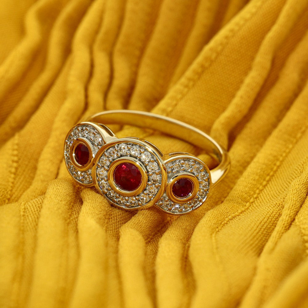 9ct Yellow Gold Ruby & Diamond Trilogy Halo Ring