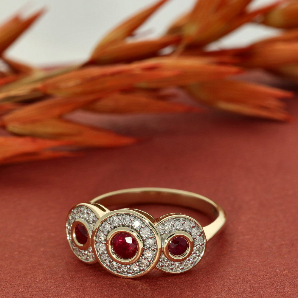 9ct Yellow Gold Ruby & Diamond Trilogy Halo Ring