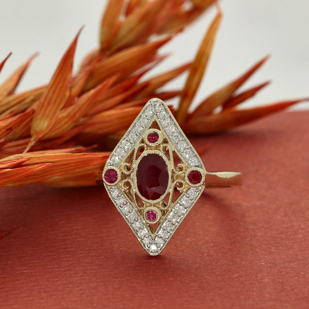 9ct Yellow Gold Ruby & Diamond Art Deco Style Ring