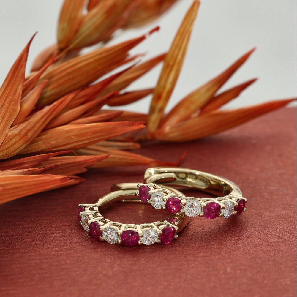 9ct Yellow Gold Ruby & Diamond Small Hoop Earrings