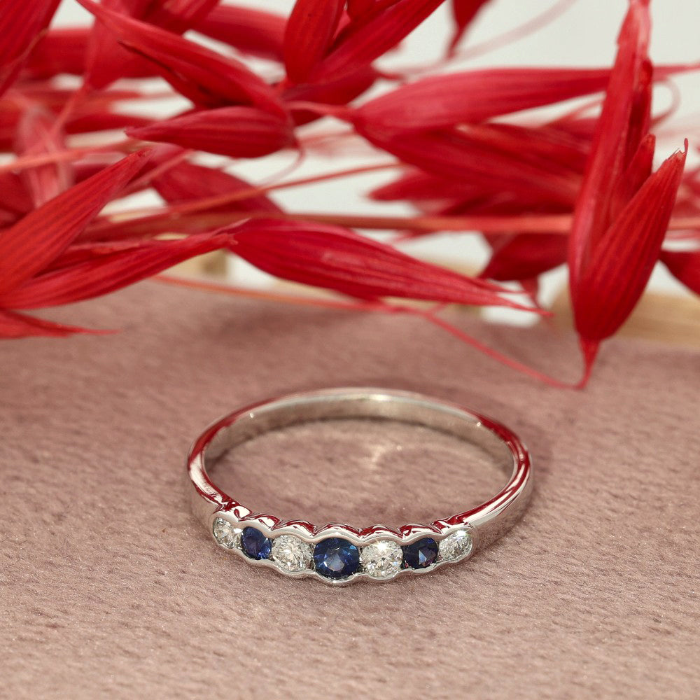 9ct White Gold Sapphire & Diamond 7-Stone Half Eternity Ring