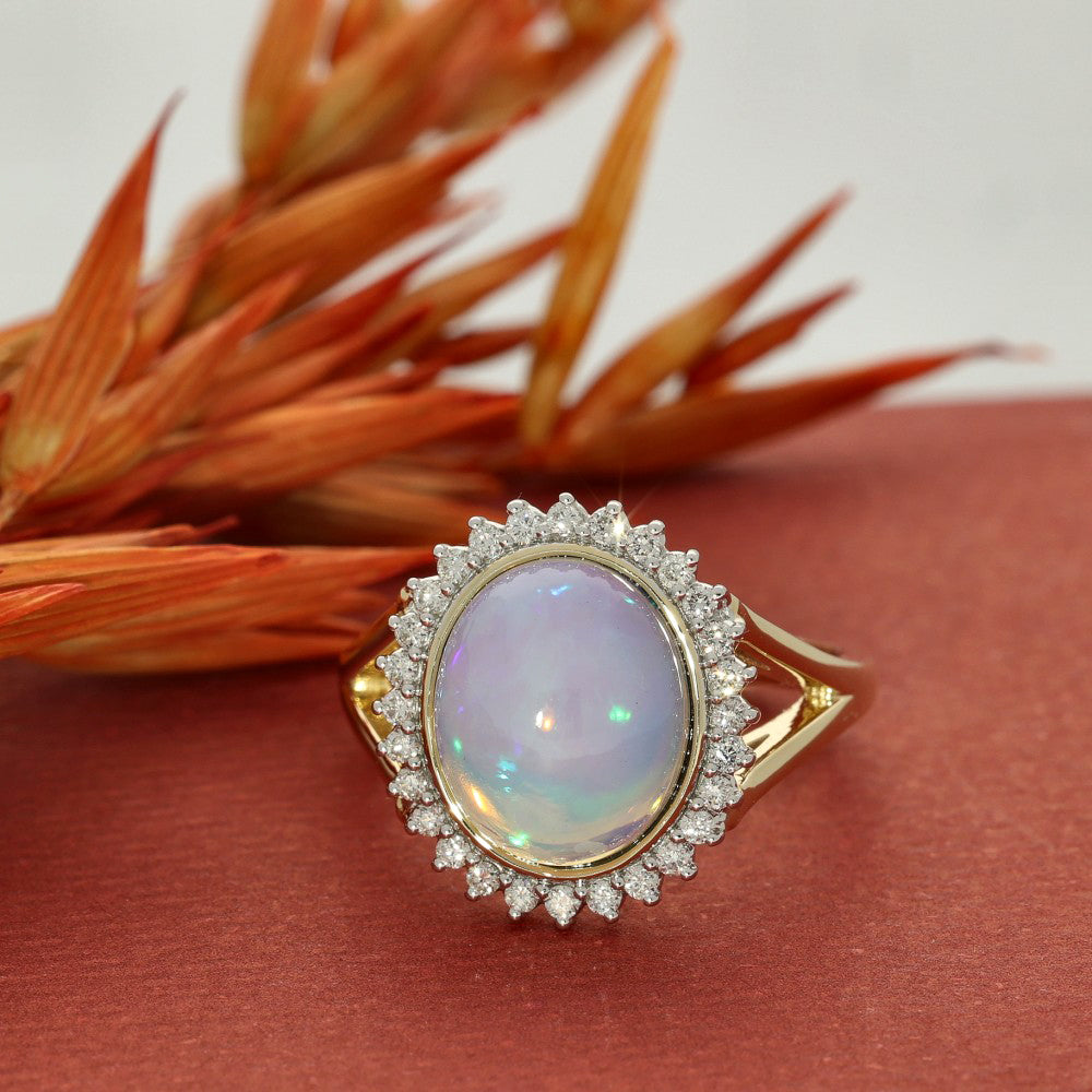 9ct Yellow Gold Opal & Diamond Large Halo Ring