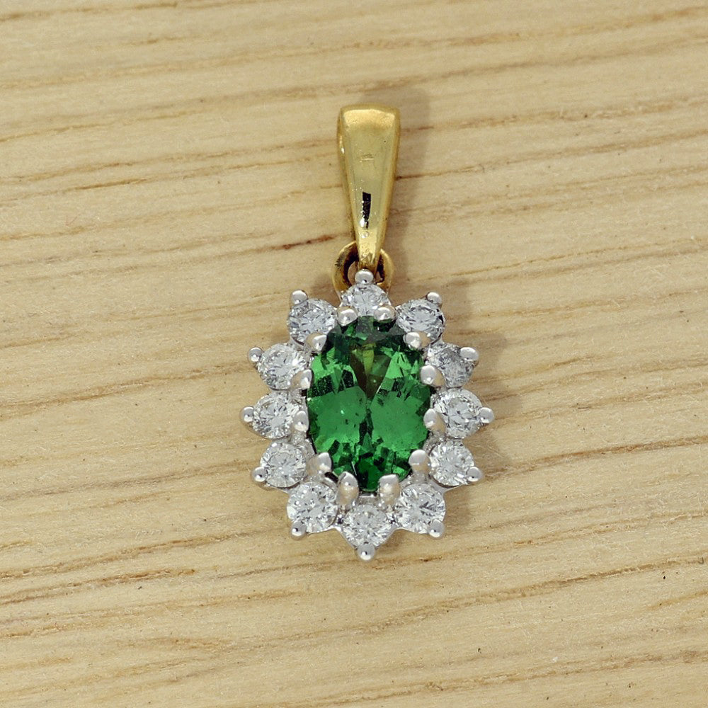 18ct Yellow Gold Tsavorite Garnet & Diamond Halo Pendant