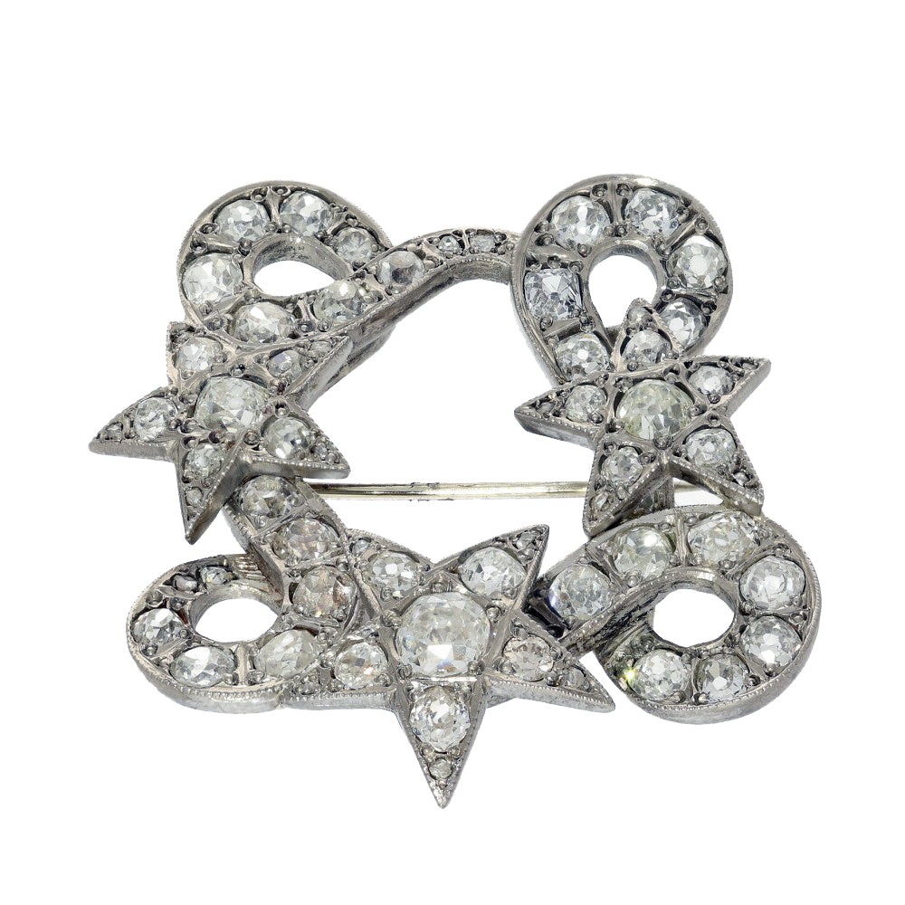 Pre-owned 18ct White Gold Old Cut Diamond Star & Swirl Brooch