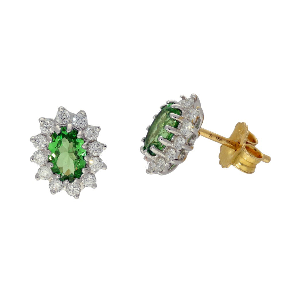 18ct Gold Tsavorite Garnet and Diamond Oval Halo Stud Earrings