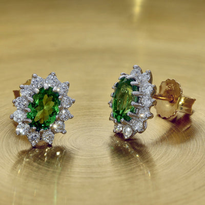 18ct Gold Tsavorite Garnet and Diamond Oval Halo Stud Earrings