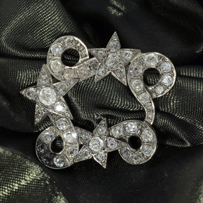 Pre-owned 18ct White Gold Old Cut Diamond Star & Swirl Brooch