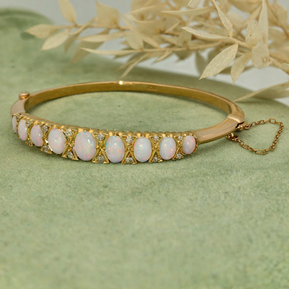 Antique 15ct Yellow Gold Opal & Old Cut Diamond Bangle