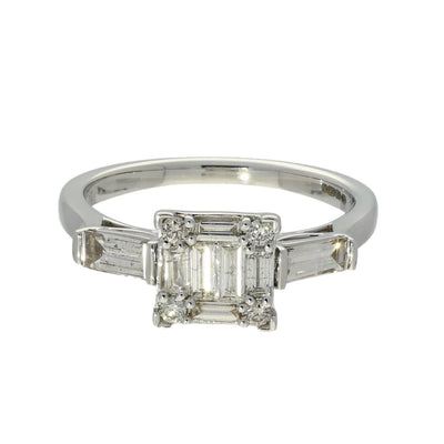 9ct White Gold Baguette & Round Diamond Art Deco Style Ring