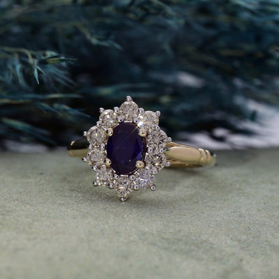 9ct Yellow Gold Oval Sapphire and Diamond Cluster Ring