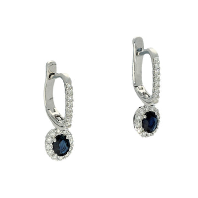 9ct White Gold Oval Sapphire and Diamond Cluster Drop Hoop Earrings