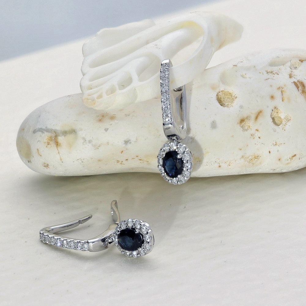 9ct White Gold Oval Sapphire and Diamond Cluster Drop Hoop Earrings