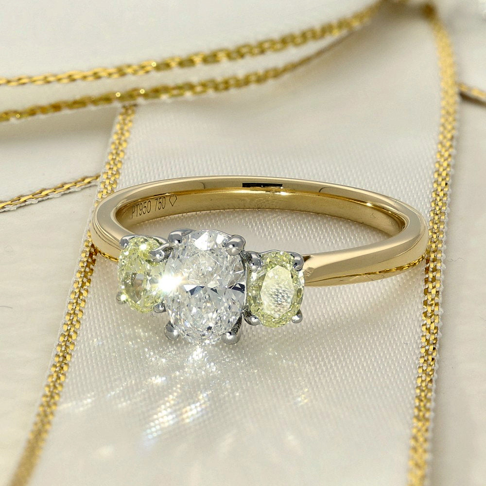18ct Yellow Gold Natural Oval Yellow & White Diamond Trilogy Ring