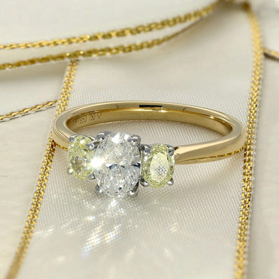 18ct Yellow Gold Natural Oval Yellow & White Diamond Trilogy Ring