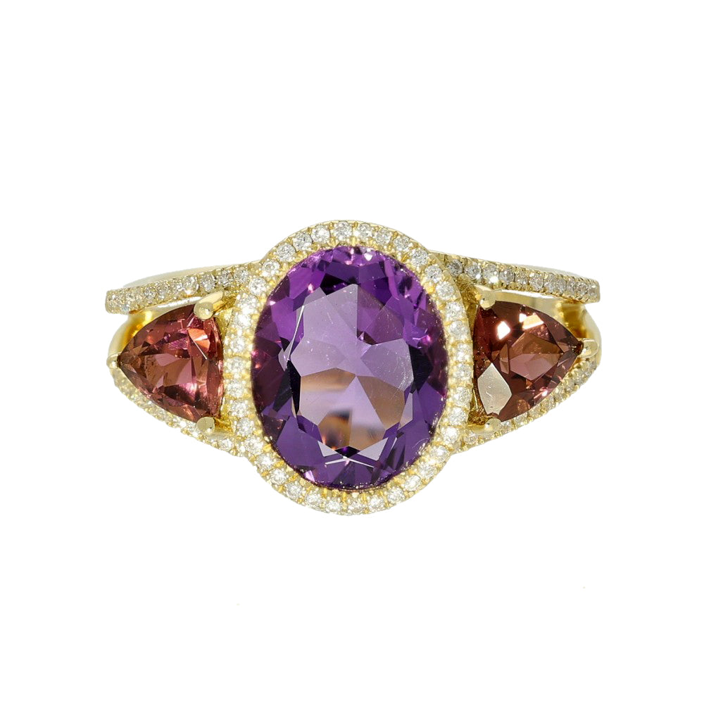 18ct Yellow Gold Amethyst, Pink Tourmaline & Diamond Cocktail Ring