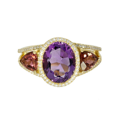 18ct Yellow Gold Amethyst, Pink Tourmaline & Diamond Cocktail Ring