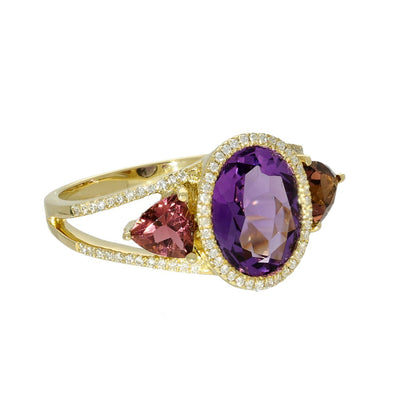 18ct Yellow Gold Amethyst, Pink Tourmaline & Diamond Cocktail Ring